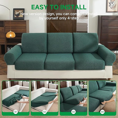 Couch Cushion Covers for Sectional Sofa, Stretch Soft Sofa Slipcovers Washable Wear-Resistant Universal Furniture Protector for Living Room(2 Seaters Covers+1 Chaise Cover, Green)