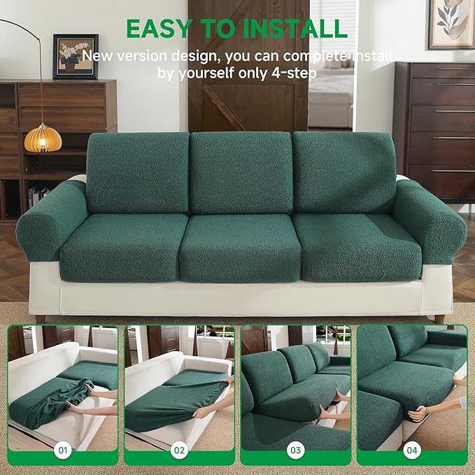 Couch Cushion Covers for Sectional Sofa, Stretch Soft Sofa Slipcovers Washable Wear-Resistant Universal Furniture Protector for Living Room(1 Piece Chaise Cover, Green)
