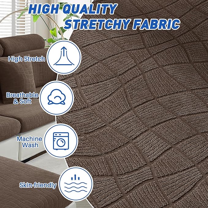 MAXIJIN Waterproof 4 Pieces Couch Cushion Covers for Sectional Sofa Seat Slipcover Stretch Sectional Couch Cover for L Shape Left/Right Chaise with Elastic Bottom (3 Seater + 1 Chaise, Light Coffee)
