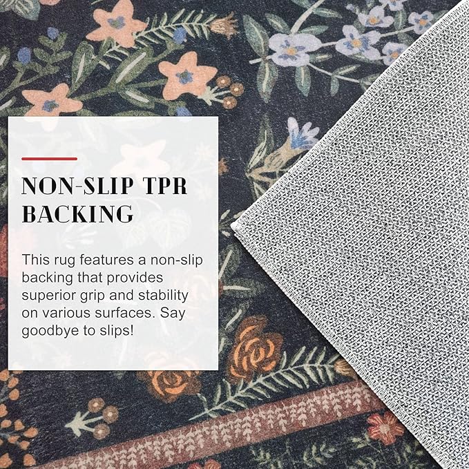 Boho Entryway Rug 2x3 Washable, Black Navy Floral Kitchen Rug, Super Thin Faux Wool Small Area Rug, Non-Slip Soft Carpet for Foyer, Bedroom, Office