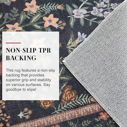Boho Floral Machine Washable Runner Rug 2x6, Black Navy Kitchen Runner Rug Non-Slip, Super Thin Hallway Rug Runner Printed Faux Wool Soft Carpet for Entryway Bedroom Laundry Room Indoor