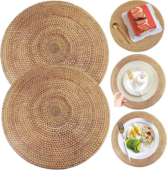 2PCS Round Rattan Placemats 14 Inch Natural Woven Boho Placemats Heat Resistant Round Woven for Indoor Outdoor Home Dining Table Supplies..