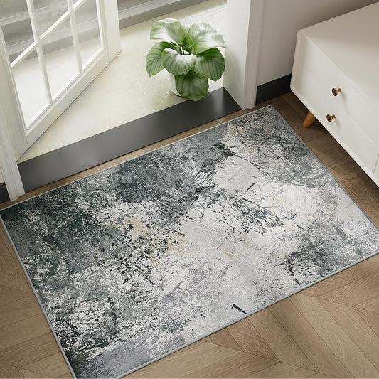 Small Rug with Abstract Pattern for Entryway Short Pile with Non-Slip Backing Throw Rugs, Foldable Kitchen Bathroom Rugs 2x3 FT Grey