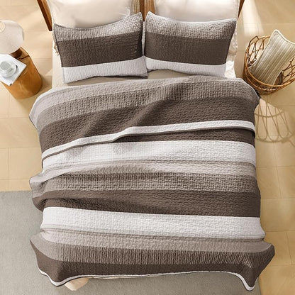 Litanika Oversized King Quilt Set Brown, 128x120 Stripe Bedspread Coverlet 3 Pieces, Brown Lightweight Quilted Bedding Set for All Season(Super King Plus-1 Quilt, 2 Pillowcases)