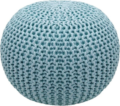 COTTON CRAFT Round Pouf - Hand Knitted Cotton Braid Cord Cable Dori Ottoman - Foot Stool - Floor Pouf Footrest Accent Seat Furniture Bean Bag - Living Room Kids Nursery Dorm Décor - 20x14 - Light Blue
