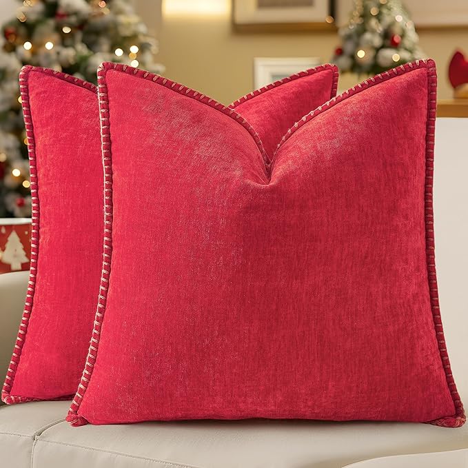 decorUhome Spring Chenille Soft Throw Pillow Covers 18x18 Set of 2, Farmhouse Velvet Neutral Decorative Pillow Covers with Stitched Edge for Couch Sofa Bed Home Decor, Red