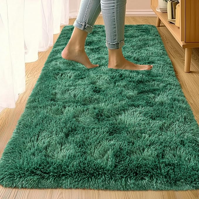 Fluffy Runner Rugs for Bedroom Hallways, 2x6 Runners for Hallways Fluffy Shag Throw Area Rug Non Slip for Bedside Dorm, Shag Rugs for Girls Boys Bedroom, Floor Carpet Runner for Kids Dorm, Dark Green