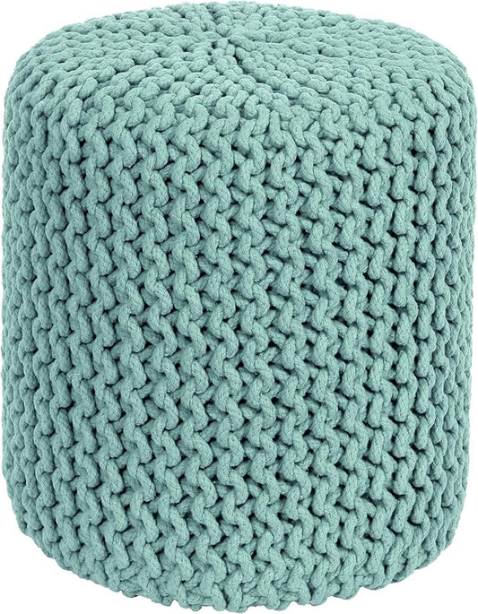 COTTON CRAFT Braided Round Pouf - Hand Knitted Cotton Cord Cable Dori Cylindrical Ottoman - Foot Stool - Floor Pouf - Footrest - Accent Seat - Living Room Bedroom Dorm Décor - 15 Round x 16 H - Blue