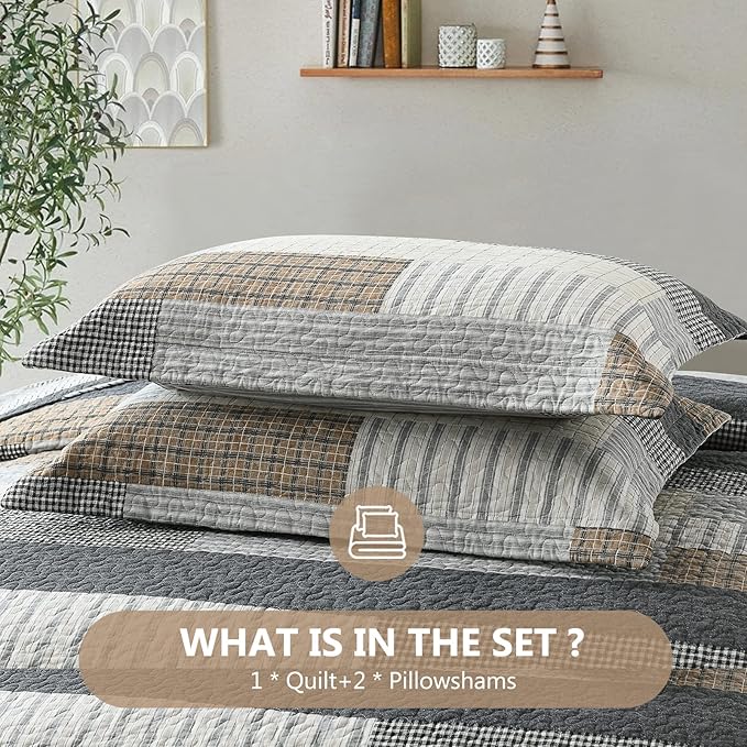 Quilts Queen Size, Queen Quilt Bedding Set Bedspread, 100% Cotton Patchwork Quilt for Queen Bed, 3 Pieces Plaid Farmhouse Reversible Lightweight Comforter Bed Spread, Grey/Tan/Black