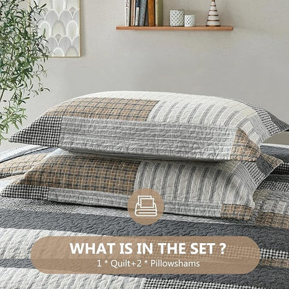 Quilts King Size, King Quilt Bedding Set Bedspread, 100% Cotton Patchwork Quilt for King Bed, 3 Pieces Plaid Farmhouse Reversible Lightweight Comforter Bed Spread, Grey/Tan/Black
