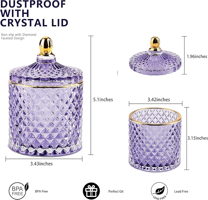 Glass Jewelry Box Purple Trinket Dish Crystal Candy Jars with Lids Candy Dishes Decorative Apothecary Jars Small Storage Bowl Unique Gifts for Women