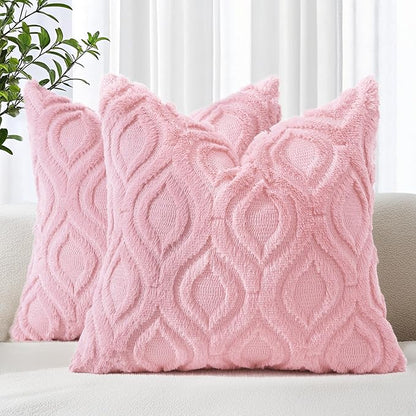 decorUhome Spring Euro Sham Throw Pillow Covers 24x24 Inch Set of 2, Soft Plush Faux Wool Light Pink Solid Couch Pillow Covers, Accent Farmhouse Neutral Square Pillow Cases for Sofa Bed Living Room