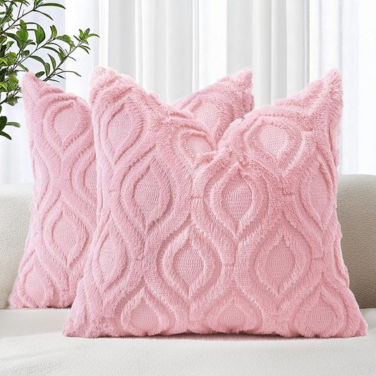 decorUhome Spring Euro Sham Throw Pillow Covers 24x24 Inch Set of 2, Soft Plush Faux Wool Light Pink Solid Couch Pillow Covers, Accent Farmhouse Neutral Square Pillow Cases for Sofa Bed Living Room