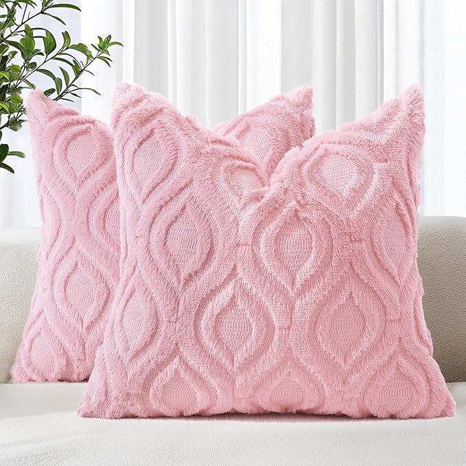 decorUhome Spring Throw Pillow Covers 16x16 Inch Set of 2, Soft Plush Faux Wool Light Pink Solid Couch Pillow Covers, Accent Farmhouse Neutral Square Pillow Cases for Sofa Bed Living Room