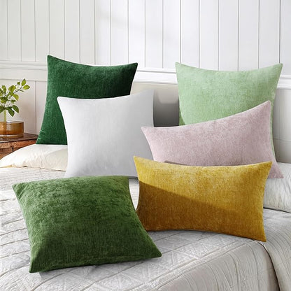 decorUhome Chenille Sage Green Spring Throw Pillow Covers 24x24 Inch Set of 2, Decorative Soft Couch Pillow Covers Solid Dyed Accent Farmhouse Neutral Square Pillow Cases for Sofa