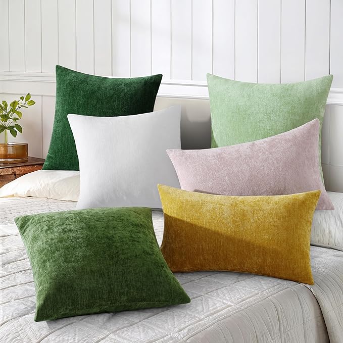 decorUhome Chenille Moss Green Spring Throw Pillow Covers 16x16 Inch Set of 2, Decorative Soft Couch Pillow Covers Solid Dyed Accent Farmhouse Neutral Square Pillow Cases for Sofa