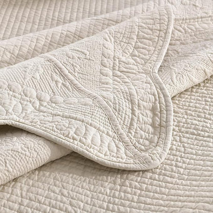 MarCielo 3-Piece 100% Cotton Oversized Bedspread Lightweight Quilt Coverlet Embroidery Farmhouse Bedding Set (TG Yellowish Beige, Oversized Queen (100"x106"))