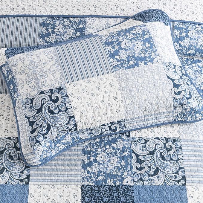 SahSahCasa 100% Cotton 120"x102" Oversized Queen Bedspread Coverlet Quilt Set, Plaid Paisley Floral Extra Large Reversible XL Bed Spread Lightweight Comforter, Blue/White/Gray