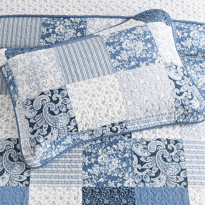 SahSahCasa 100% Cotton 120"x102" Oversized Queen Bedspread Coverlet Quilt Set, Plaid Paisley Floral Extra Large Reversible XL Bed Spread Lightweight Comforter, Blue/White/Gray