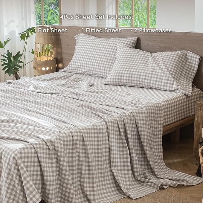 MooMee Gingham Sheet Set 100% Washed Cotton Linen Like Textured Breathable Soft w/Fully Elasticized 16-19" Deep Pocket (Classic Gingham Tannish Linen Grey, King)
