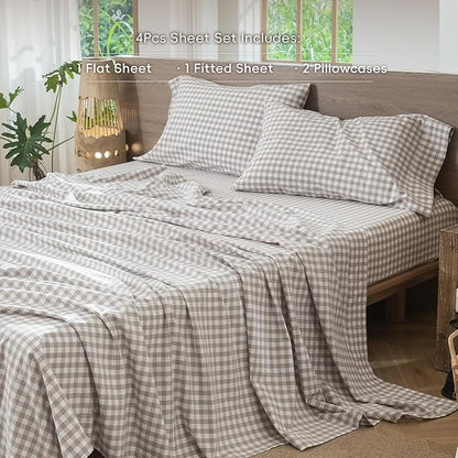 MooMee Gingham Sheet Set 100% Washed Cotton Linen Like Textured Breathable Soft w/Fully Elasticized 16-19" Deep Pocket (Classic Gingham Tannish Linen Grey, King)
