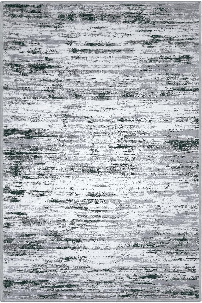 Modern Abstract 4x6 Living Room Washable Rug Non-Slip Soft Bedroom Area Rug Black Grey White Thin Print Faux Wool Floor Carpet Throw Rugs for Nursery Playroom Dining Room Indoor Home Decor
