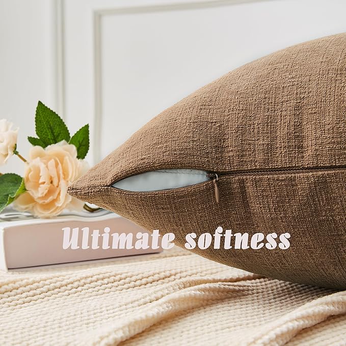 GAWAMAY Decorative Square Throw Pillow Covers 18x18 Inch Set of 4, Super Soft Chenille Pillows Cover Fall Pillowcase for Living Room Bedroom Sofa Couch Cushion Cover Brown 45x45cm (No Inserts)
