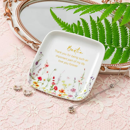 Crisky Jewelry Ring Dish for Bestie Birthday Gifts for Best Friend Women Friendship, Gifts for Friends Besties Floral Trinket Ring Dish Jewelry Tray for Her Sisters Long Distance Graduation Gift Ideas