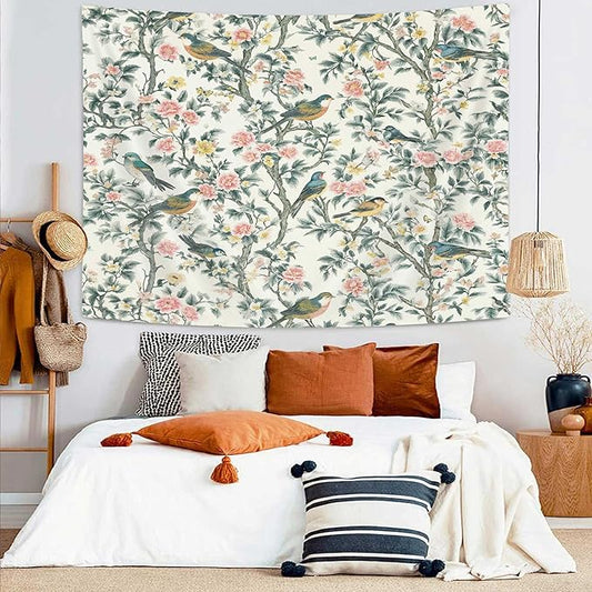 DYNH Vintage Floral Bird Tapestry,Chinese Style Aesthetics Jungle Botanical Tapestries,Farmhouse Country Watercolor Flowers Leaves Wall Hanging Decor for Bedroom Living Room,80x60In