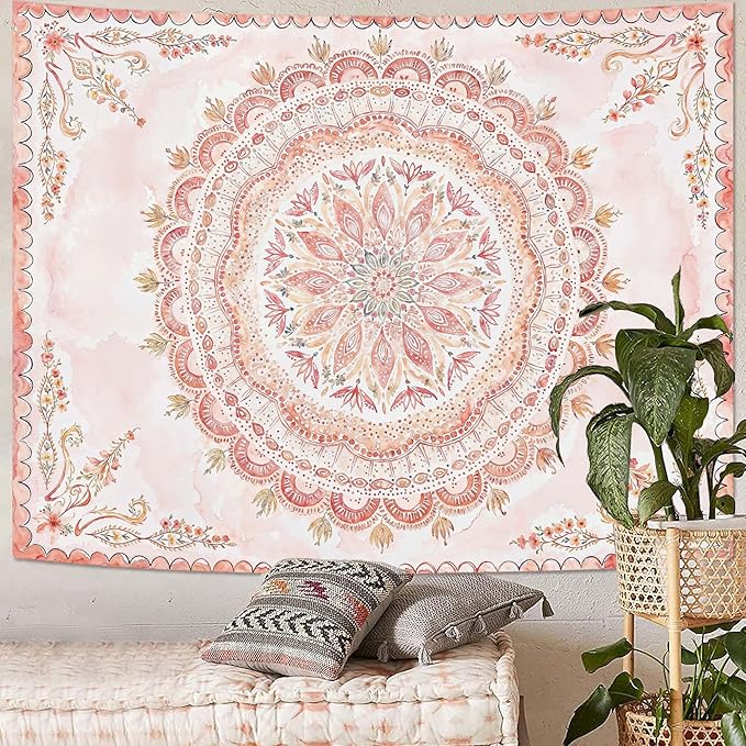 Fowocu Boho Floral Mandala Tapestry Wall Hanging Pink Bohemian Flower Medallion Tapestry Aesthetic Watercolor Hippie Indian Small Tapestries for Bedroom Living Room Dorm Decor 48 x 36 Inch