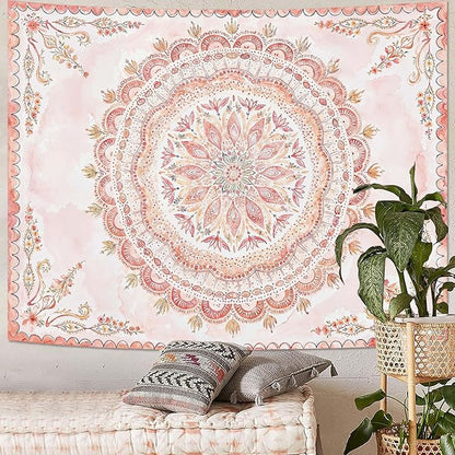 Fowocu Boho Floral Mandala Tapestry Wall Hanging Pink Bohemian Flower Medallion Tapestry Aesthetic Watercolor Hippie Indian Small Tapestries for Bedroom Living Room Dorm Decor 48 x 36 Inch