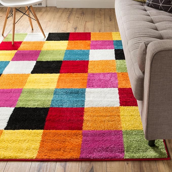 Well Woven Modern Rug Squares Multi Geometric Accent Area Rug (3'3" x 5') Entry Way Bright Kids Room Kitchn Bedroom Carpet Bathroom Soft Durable Area Rug