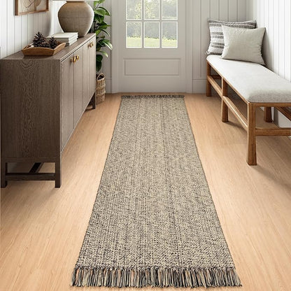 Collive Long Carpet Runners for Hallways 2.6x8ft, Washable Kitchen Rug Indoor Sink Rug, Natural/Black Woven Entryway Runner Rugs Low-Profile Front Door Floor Rug for Laundry Room Bedroom Outdoor Decor