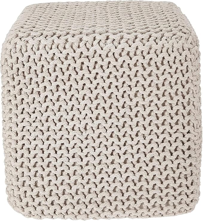 REDEARTH · Square Pouf Ottoman Foot Stool - Hand Knitted Bean Bag - Cord Boho Pouffe - Accent Poof for Living Room - Nursery - Bedroom - Kids Bedroom - Patio (16" x 16" x 16") - Ivory, Set of 2
