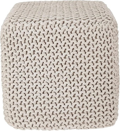 REDEARTH · Square Pouf Ottoman Foot Stool - Hand Knitted Bean Bag - Cord Boho Pouffe - Accent Poof for Living Room - Nursery - Bedroom - Kids Bedroom - Patio (16" x 16" x 16") - Ivory, Set of 2