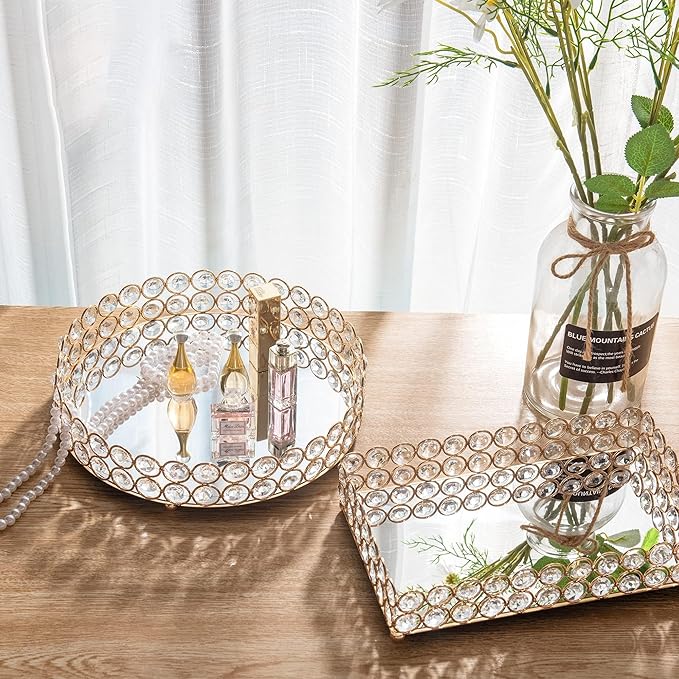 Feyarl Crystal Perfume Tray Makeup Cosmetic Vanity Organizer Jewelry Trinket Display Storage Mirrored Decorative Tray Skin Care Tray for Dresser Home Deco Birthday Gift(Round 10" inch) (Gold)