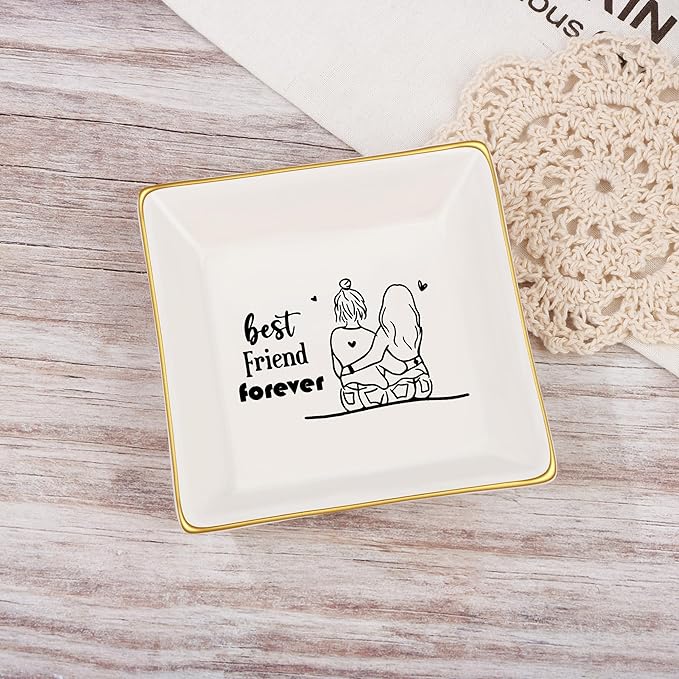 JoycuFF Gift for Women Best Friends Bestie Friendship Gifts for Her Ceramic Ring Dish Decorative Tray Unique Gift For Bestie, Soul Sister, BFF, Birthday Christmas Gift Ideas