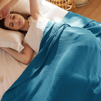Bedsure 100% Cotton Muslin Blanket Queen Size for Bed - 4-Layer Breathable and Lightweight Thin Soft Summer Gauze Muslin Blankets for Adults, Teal, 90x90 Inches
