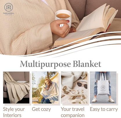 Threadmill Luxury Cotton Blankets for Queen Size Bed | All-Season 100% Cotton Queen Size Blanket | Herringbone Cozy, Soft Breathable Fall Thermal Blanket fits Full Size Bed | Vanilla Cream