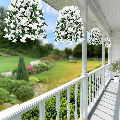 Sggvecsy Artificial Fake Hanging Flowers Plants for Outdoor Outside Spring Summer Decoration 4PCS Faux Silk UV Resistant Realistic Morning Glory Trailing Vines for Home Porch Patio Balcony(White)