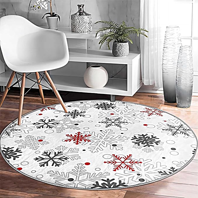 Christmas Area Rug, 5ft, White Round Rug, Christmas Winter Snowflake Rug, Modern Minimalist Living Room Decoration Rug, Soft Non-Slip Washable Mat, Living Room Bedroom Bedside Sofa
