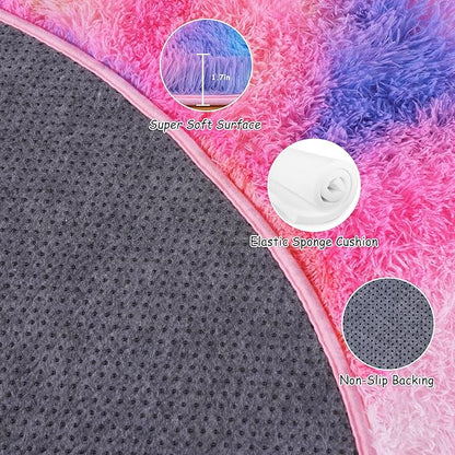 Round Fluffy Rugs 3Ft for Girls Bedroom, Dark Rainbow Shag Circle Kids Rug Non-Slip for Bedside Dorm Nursery Playroom, Soft Cute Area Rugs for Living Room Decor