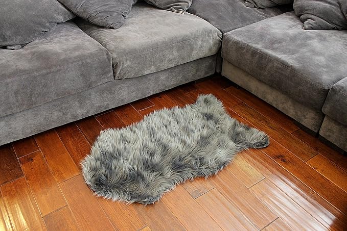 Nouvelle Legende Faux Fur Sheepskin Rug Single, Soft, Plush, Premium High-Pile Accent Rug for Bedrooms, Hallways & Living Spaces, Warm & Cozy, Faux Leather Backing, Easy Care, 23" x 40", Gray