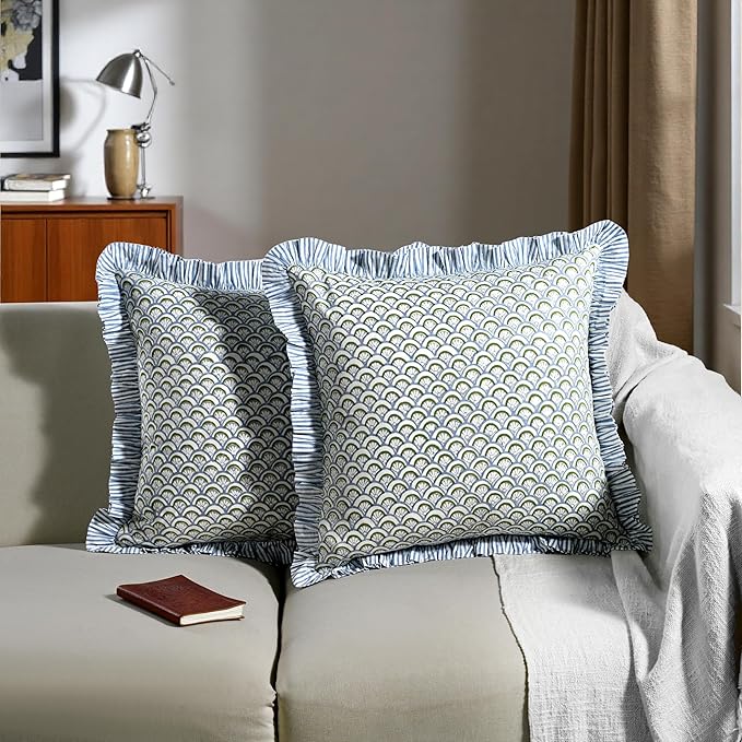 Ridhi Hand Fan Harmony Modern Farmhouse Pillow 24x24 Throw Pillow Covers Set of 2 Cushion Covers with Ruffle for Couch Sofa Bed Living Room Home Decor for Christmas, Thanksgiving