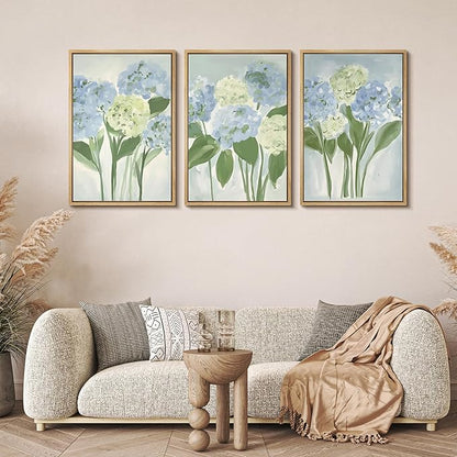 MUDECOR Framed Wall Art Print Set Blue Hydrangea Floral Botanical with Green Leaves Illustrations Modern Art Boho Decorative Colorful Chic for Living Room, Bedroom, Office - 24"x36"x3 Natural