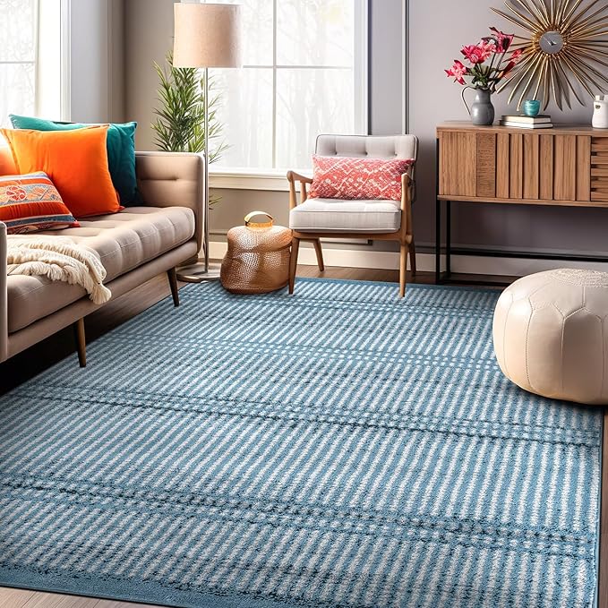 Rugshop Contemporary Stripe Lines High Traffic Living Room,Bedroom,Kitchen, Home Office Area Rug 7'10" x 10' Blue