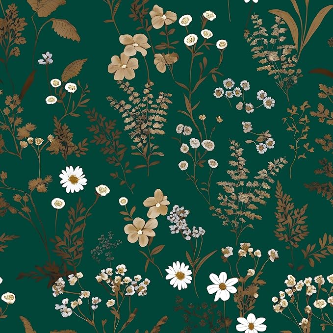 Dark Floral Wallpaper Peel and Stick 17.5in x393in Vintage Green Gold Leaf Wallpaper Vinyl Waterproof Self-Adhesive Boho Botanical Wall Paper Mural for Cabinet Bookcase Bedroom Decor