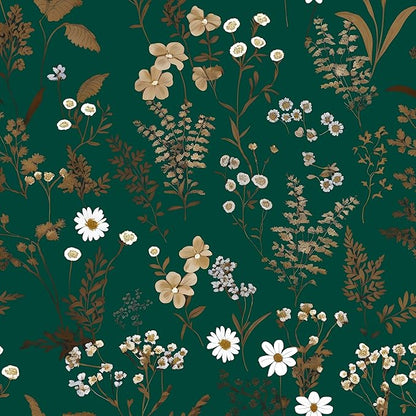 Dark Floral Wallpaper Peel and Stick 17.5in x393in Vintage Green Gold Leaf Wallpaper Vinyl Waterproof Self-Adhesive Boho Botanical Wall Paper Mural for Cabinet Bookcase Bedroom Decor