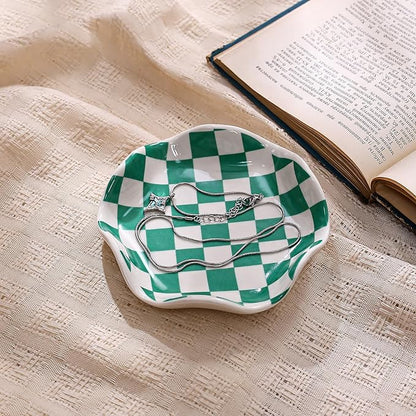 Koythin Ceramic Jewelry Tray, Checkered Pattern Aesthetic Decorative Trinket Dish for Rings, Earrings Necklaces Bracelet Watch Holder, Small Key Bowl, Birthday Mother's Day for Women (Green)
