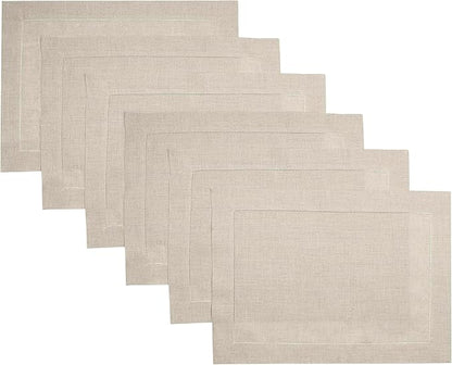 D'Moksha Homes Linen Placemats Set of 6 - Classic Hemstitch Natural Placemats 14 x 19 Inch - 100% Pure Linen Table Mats for Valentines, Holiday, New Year - Handcrafted and Machine Washable